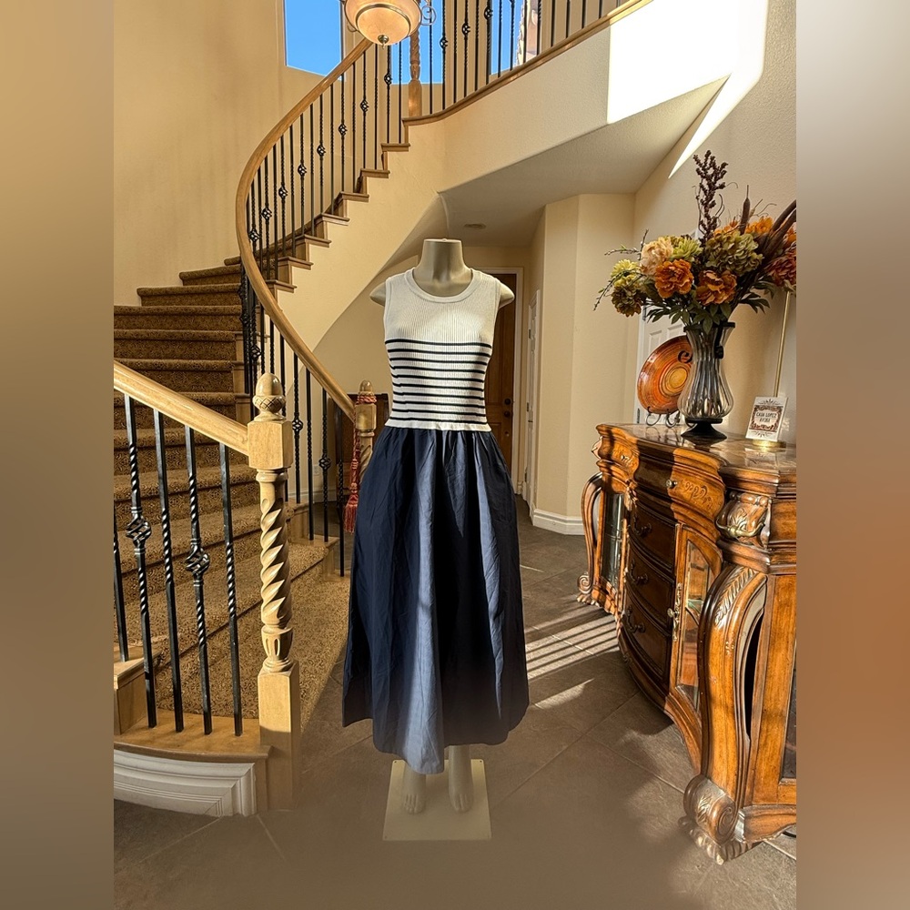 NWT Skies Are Blue Talia Navy/White Striped Sleeveless Tank Midi Dress S Pockets